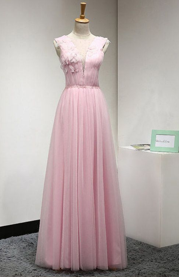 Pink Prom Dresses Long, Popular A-line Prom Dresses 2018, Scoop Neck Tulle Prom Dresses Beading