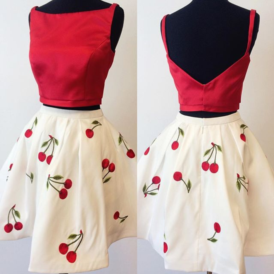 Sabrina Sleeveless Two-piece Short Dress With Cherry Print And Low V-back