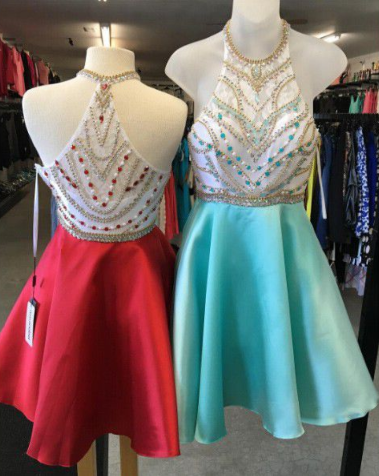 Homecoming Dresses Mint Sleeveless Matte Satin Side-zipper Beaded Mini Jewels A Line