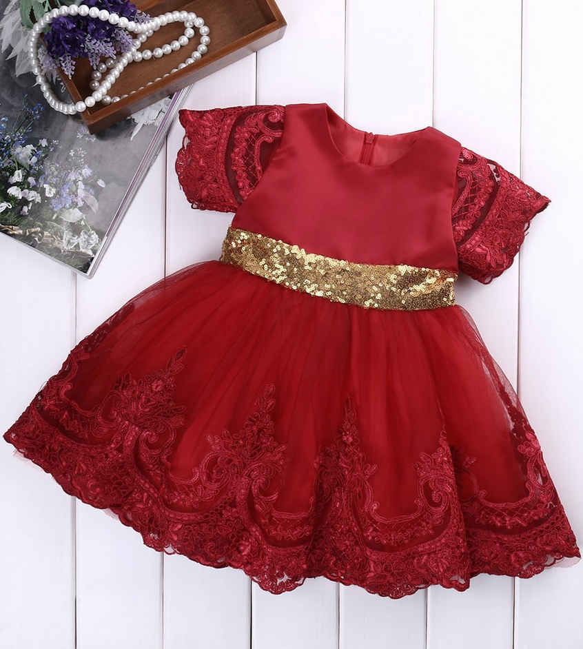Flower Girl Dress, Sequin Flower Girl Dress, Embroidered Flower Girl Dress, Red Baby Girl Birthday Outfit, Red Party Dress, Baby Girl Party