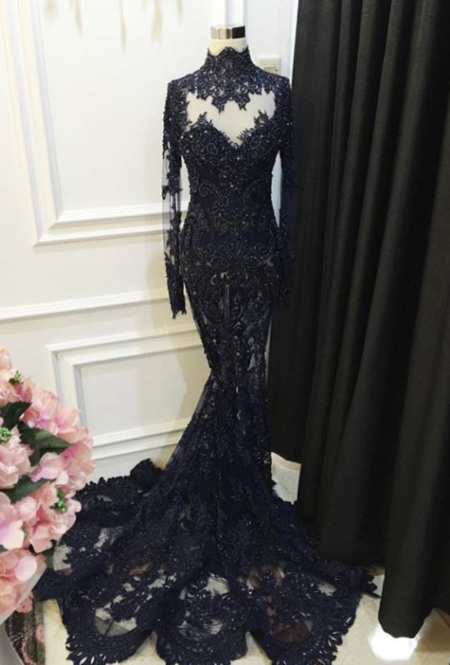 black lace dress long sleeve high neck