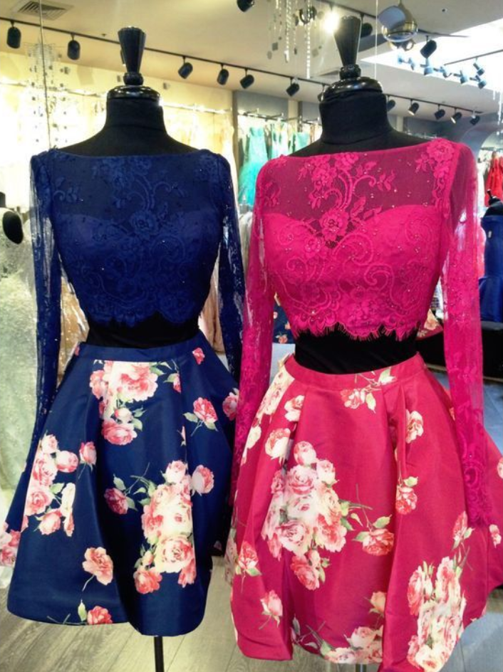Homecoming Dresses Royal Blue Long Sleeves Lace/satin Hollow Printed Above-knee Scoop A-line/column