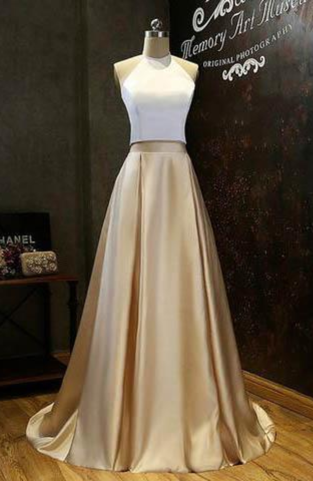 Simple Two Piece Gold Halter Long Prom Evening Formal Dress On Luulla