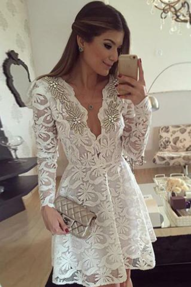 Luxurious Long Sleeve Deep V Neck Homecoming Dress,Lace Appliques ...