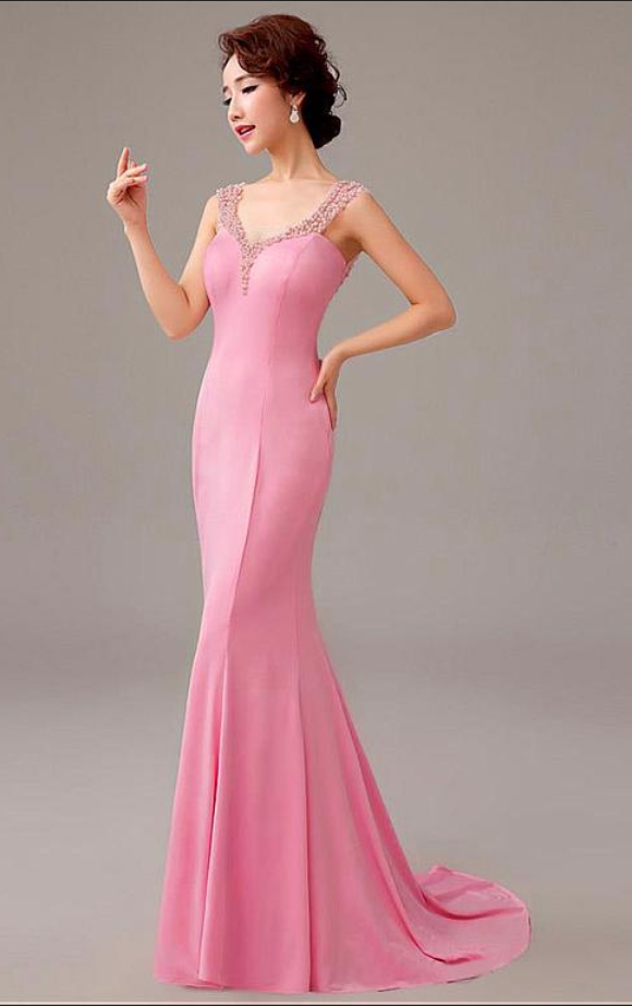 Mermaid Pink Satin Prom Dresses, Pearls Beaded Prom Dress, Alluring Stretch V-neck Neckline Full-length Mermaid Evening Dresses