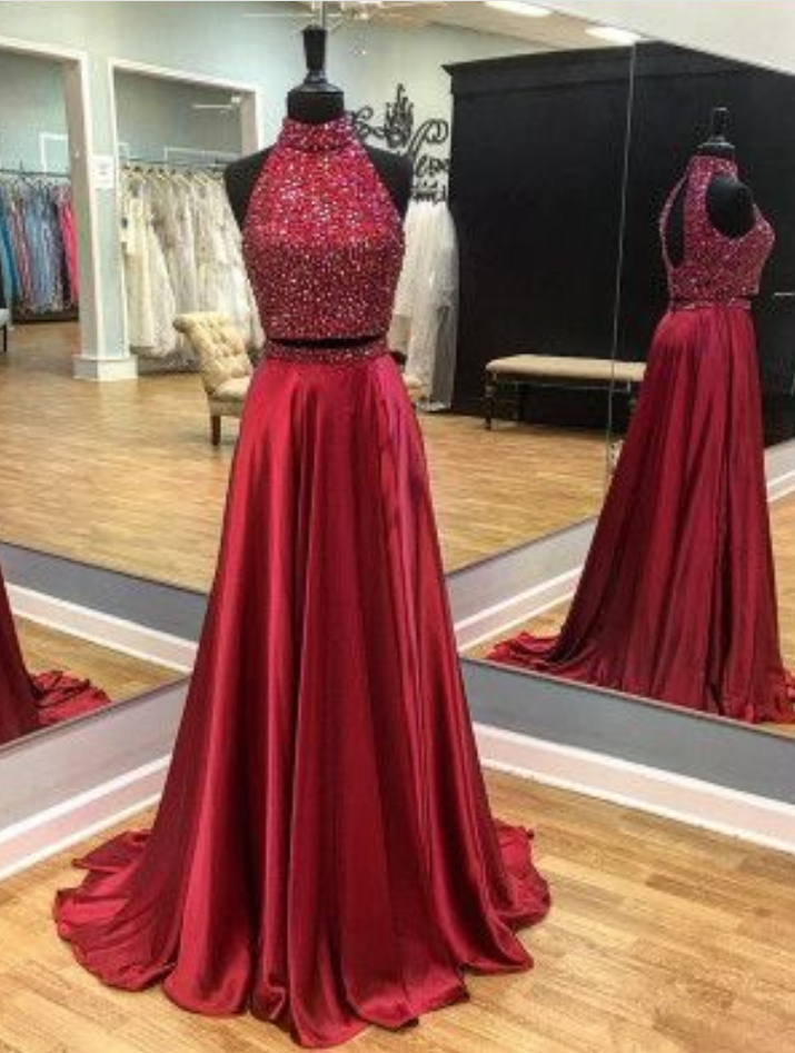 Sparkly Beaded Prom Dress, Sexy Burgundy Prom Dresses With Slit, Long Evening Party Dress
