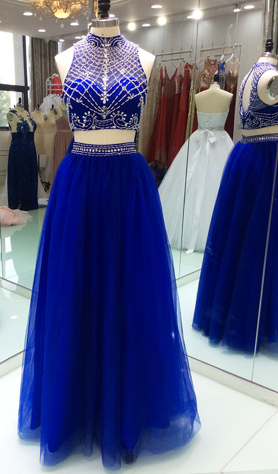 2 Pieces Tulle High Neck Keyhole Back With Blingbling Crystal Beaded Long Evening Formal Dress