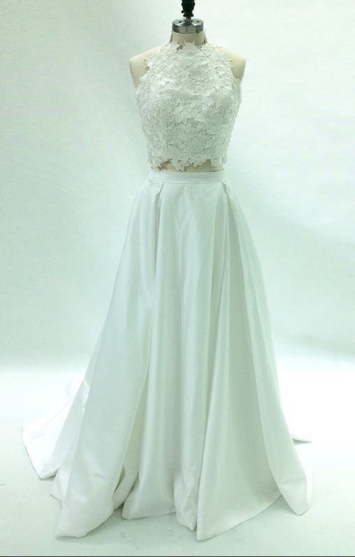 Two Pieces White Wedding Dress Halter Lace A Line Boho Bridal Dress Satin  Backless Pleated Ne on Luulla