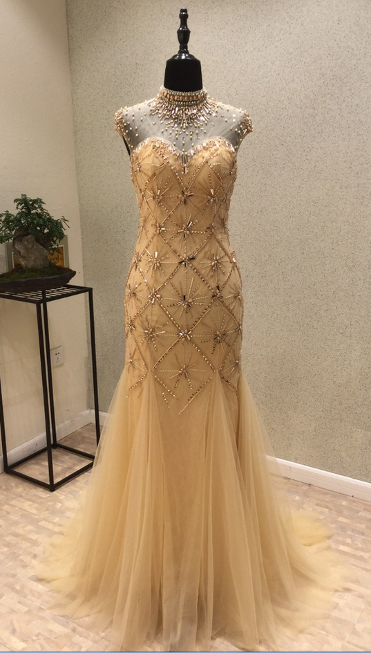 Luxury Gold Mermaid Evening Dresses Long Rhinestones Beading Sequins High Neck Backless Prom Dresses Evening Party Gowns
