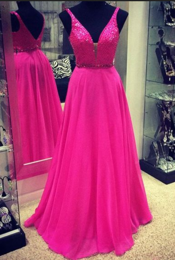 Gorgeous A-line Long Chiffon V-neck Pink Prom Dress,prom Dress,real Photo Dress,evening Dress