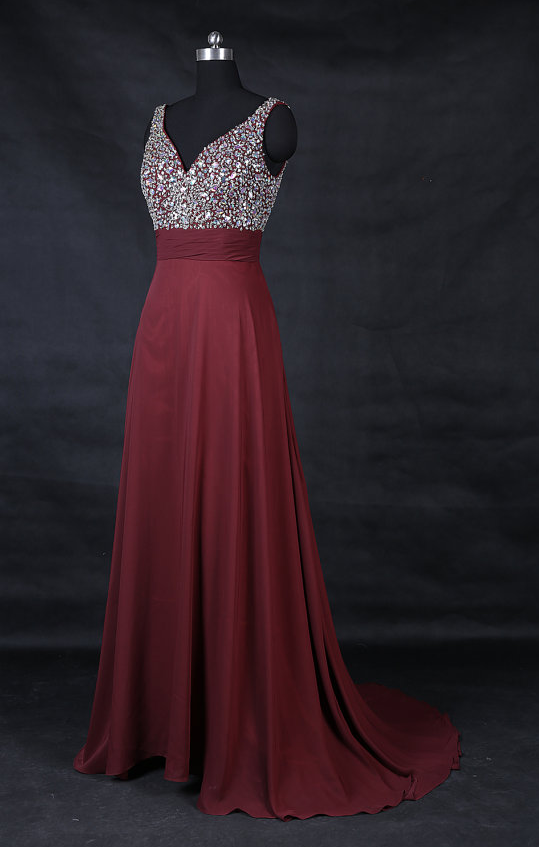 Crystal And Beads Empire Prom Dresses Long,prom Dresses ,real Made Party Dresses,sweep Train Burgundy Prom Dresses,pageant Gowns