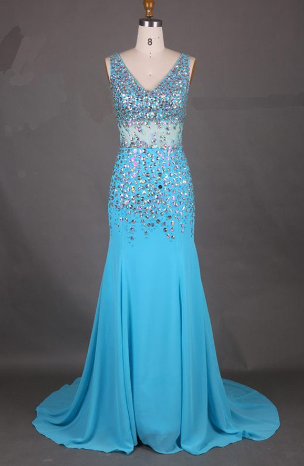 Elegant V-neck, Mermaid Court Train Prom Dress,chiffon Prom Dresses With Beading,zipper Back Evening Dress