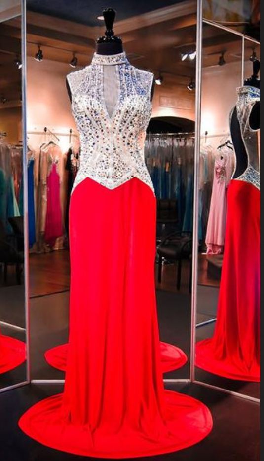 High Neck Sleeveless Red Evening Dresses Prom Dresses With Beading