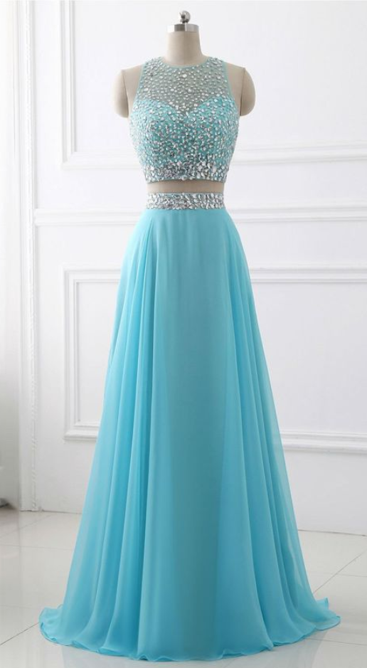 Blue Two Piece Chiffon Beaded Sparkle Long Prom Dress, Two Piece Junior Party Dress, Formal Gowns