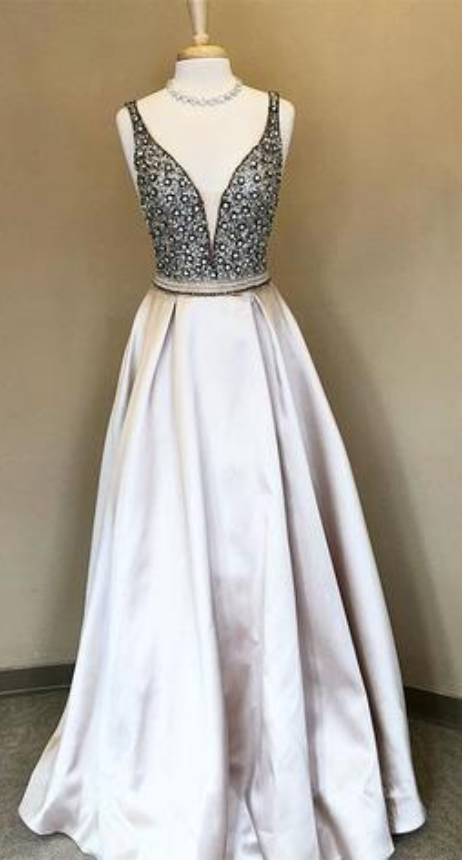 Stylish A-line Deep V-neck Prom Dress,light Champagne Long Prom Dresses,prom/evening Dress With Beading