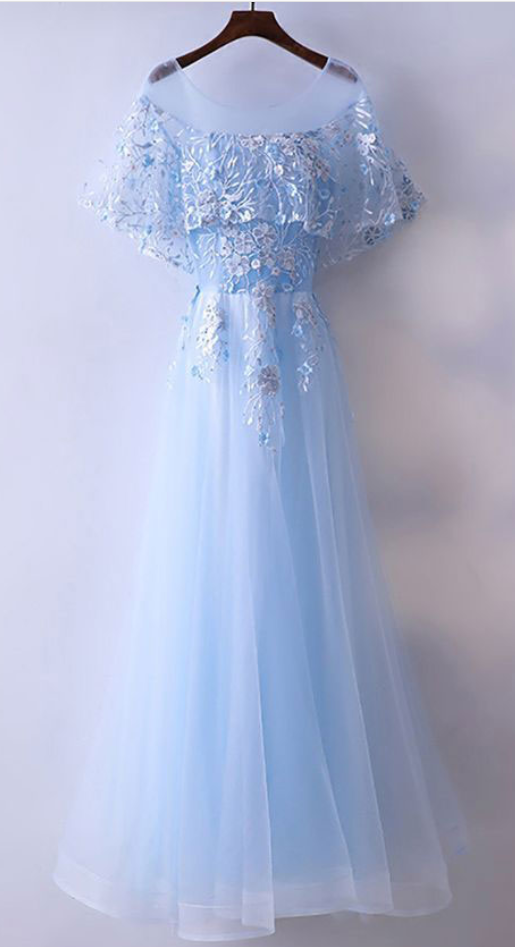 Sheer Neck Tulle Long Baby Blue Prom Dresses With Appliques Flowers