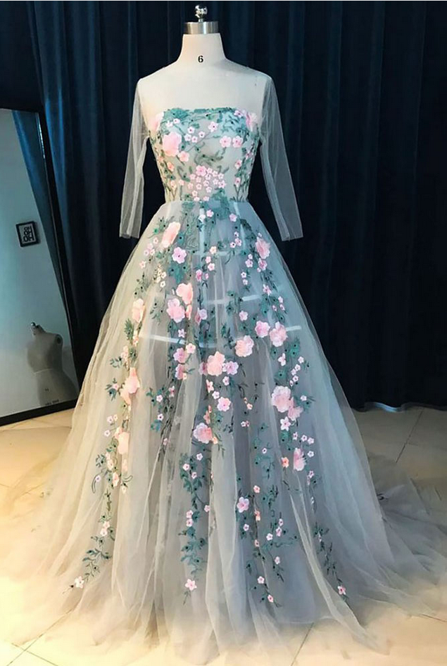 Charming Sheer Neck Long Sleeves Prom Dresses Evening Dresses With Handmade Flowers