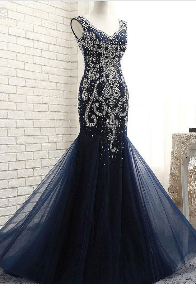 Navy Blue Mermaid Backelss Prom Dresses Evening Dress With Rhinestone For Women