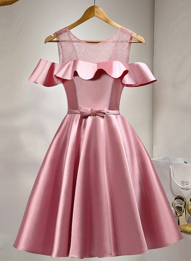 Party Dresses,Cute Party Dress, A Line Party Dress, Pink Homecoming Dresses,Ruffled Satin Homecoming Dresses,Knee Length Homecoming Dresses
