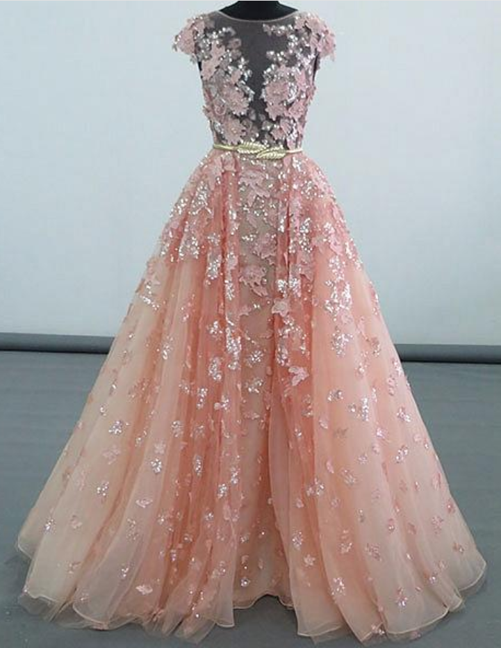 Custom Made Pink Sleeveless Chiffon Prom Dress With Shimmery Leaf Applique