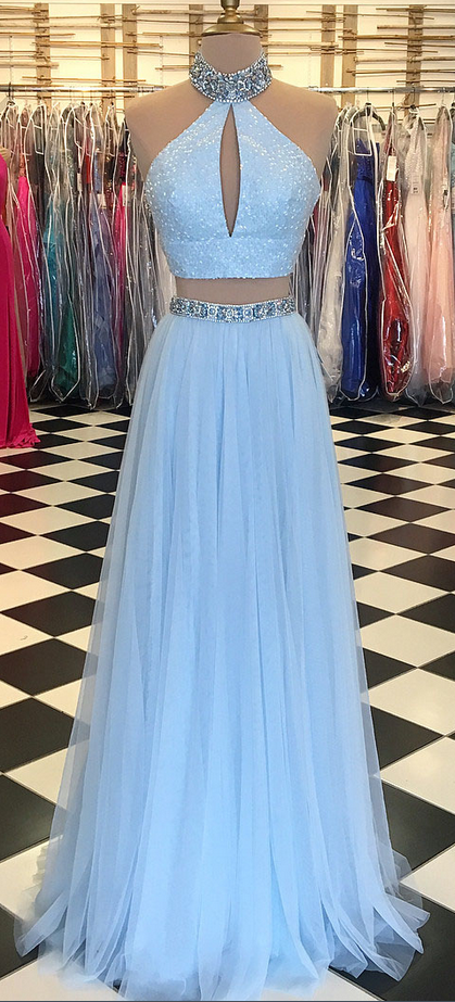 Light Blue Beaded Prom Dress,high Neck Two Piece Prom Dresses,split Formal Dress,blue Evening Dresses
