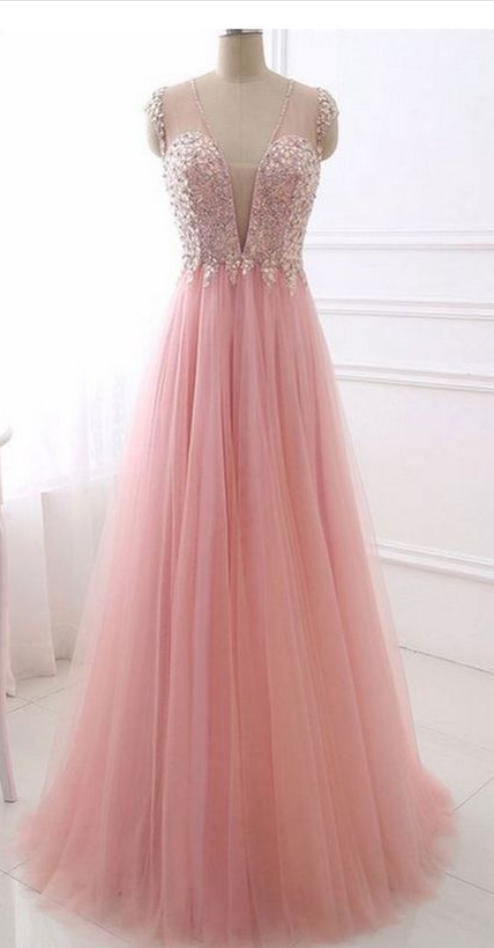 Pink V-neck Beading Long Tulle Prom Dresses,party Dresses,fashion Prom Dress,p1222