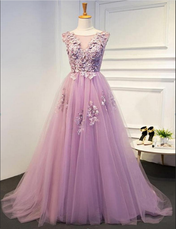 Pink Lace Beaded A Line Tulle Evening Prom Dresses, Party Prom Dresses, Long Prom Dress,