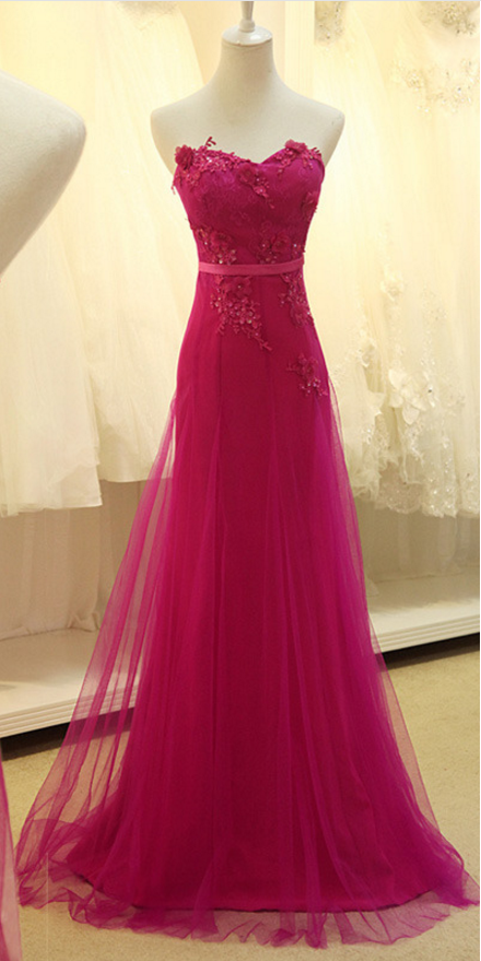 A Line Prom Dress, Tulle Prom Dress, Lace Flowers Prom Dress, Fuchsia Prom Dress, Beaded Prom Dress, Elegant Prom Dresses