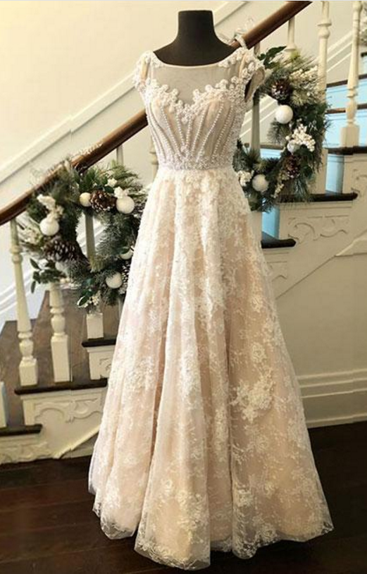 Custom Made Round Neck Lace Long Prom Dress, Evening Dress