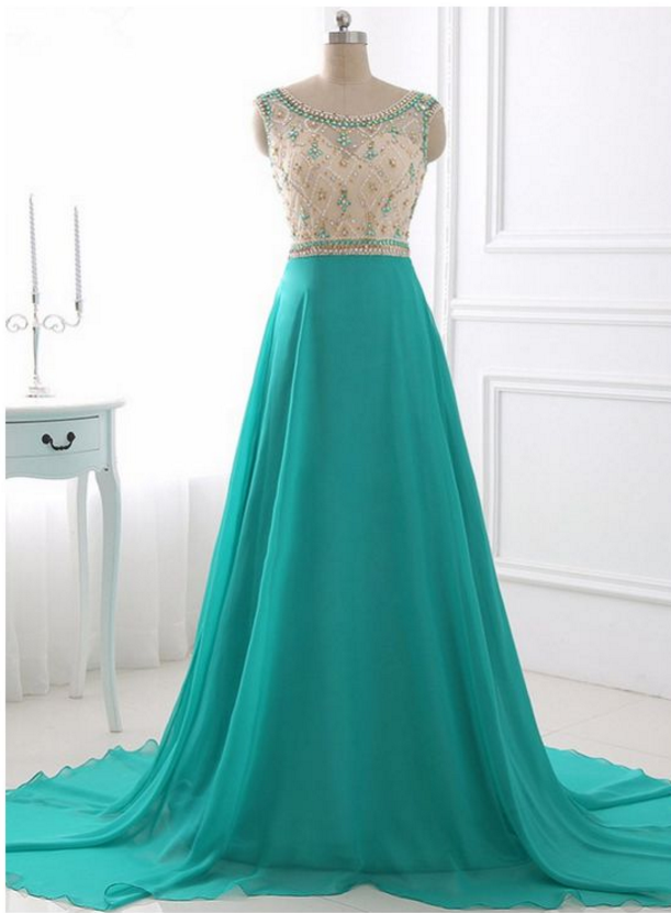 Chic Beading Prom Dress Aline Scoop Chiffon Pretty Long Prom Dress