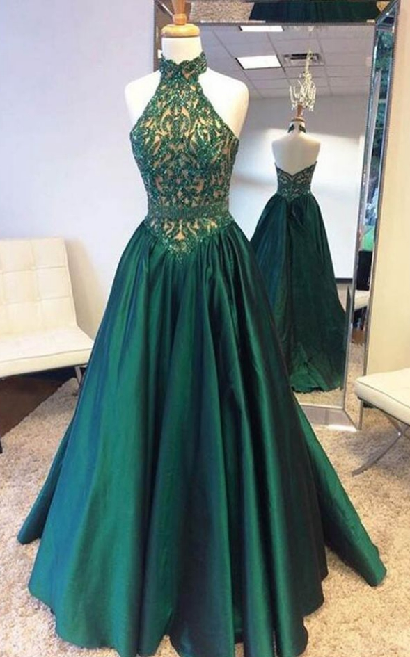Elegant Halter Green Satin Long Prom Dress With Lace Beading ,green Evening Dresses
