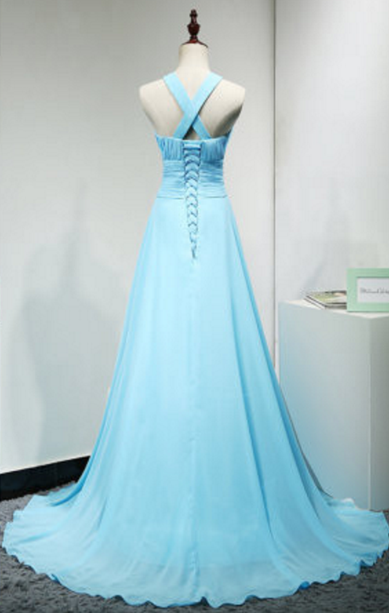 Light Blue Handmade Chiffon Cross Back Junior Prom Dress, Party Dress