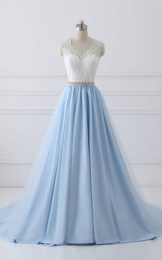Blue Long Satin And Lace Elegant Prom Dress, Charming Gowns, Prom Dress