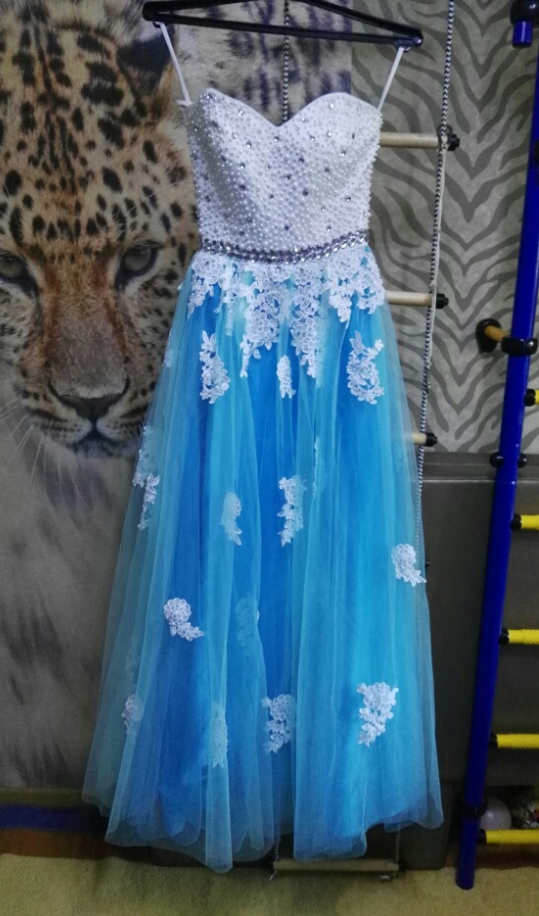 Blue A-line Prom Dress, Beaded And Applique Charming Handmade Prom Dress, Formal Gowns