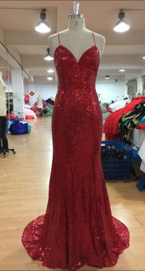 Spaghetti Straps Evening Dress,red Sequins Prom Dress,mermaid Prom Dresses,backless Prom Gown For Party,long Mermaid Prom Dress