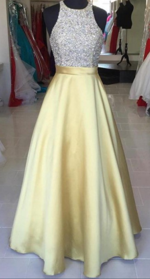 Round Prom Dresses, Yellow Long Prom Dresses, Yellow Satin Evening Dresses,long Halter Party Dresses,beading Simple Prom Dresses