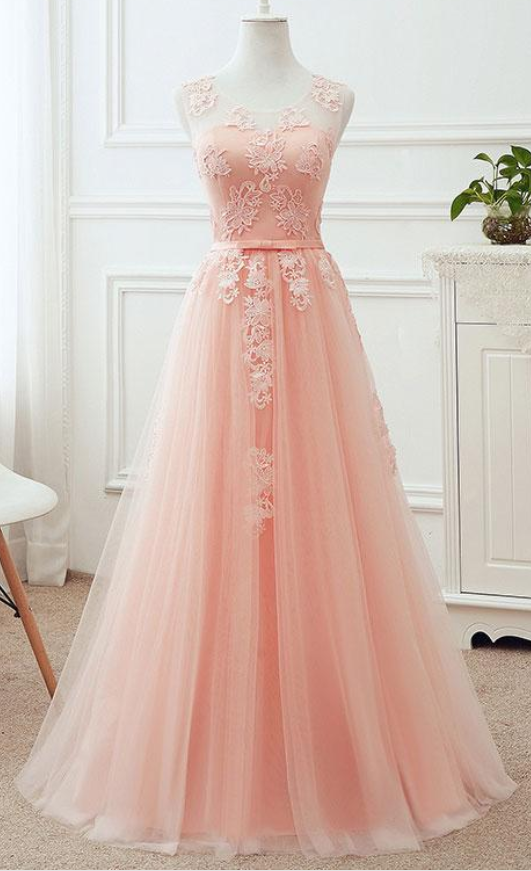 Simple Pink Sleeveless Prom Dress,applique Round Neck Lace Up Bridesmaid Dresses