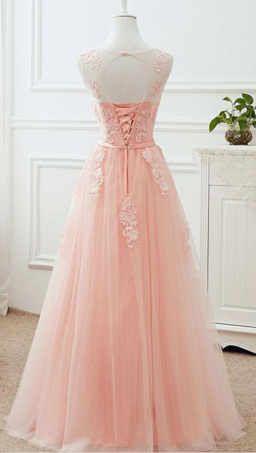 Simple Pink Sleeveless Prom Dressapplique Round Neck Lace Up