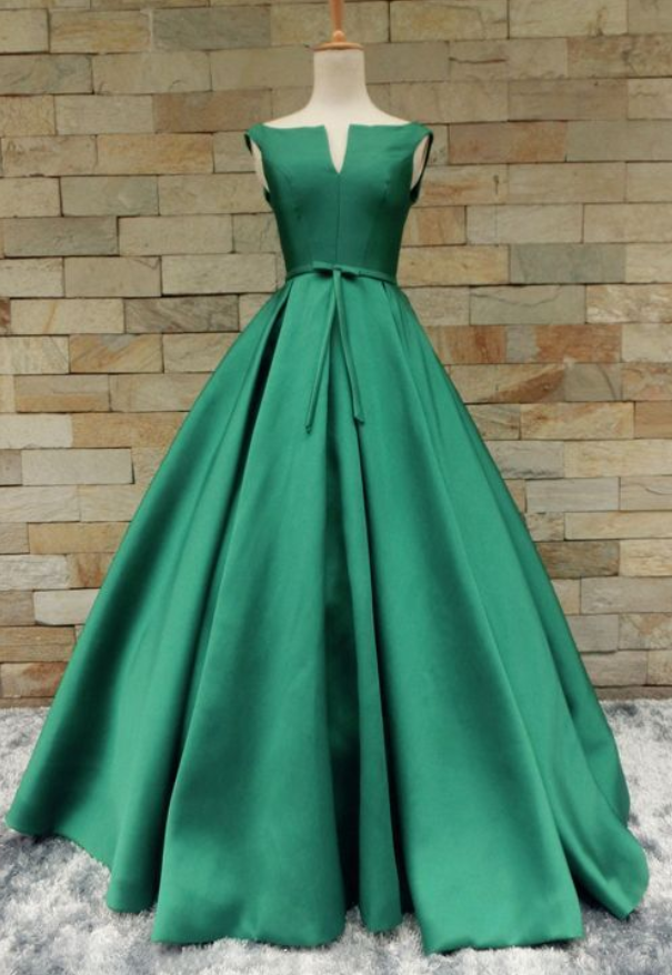Simple And Elegant Green A-line Satin Long Prom Dress,