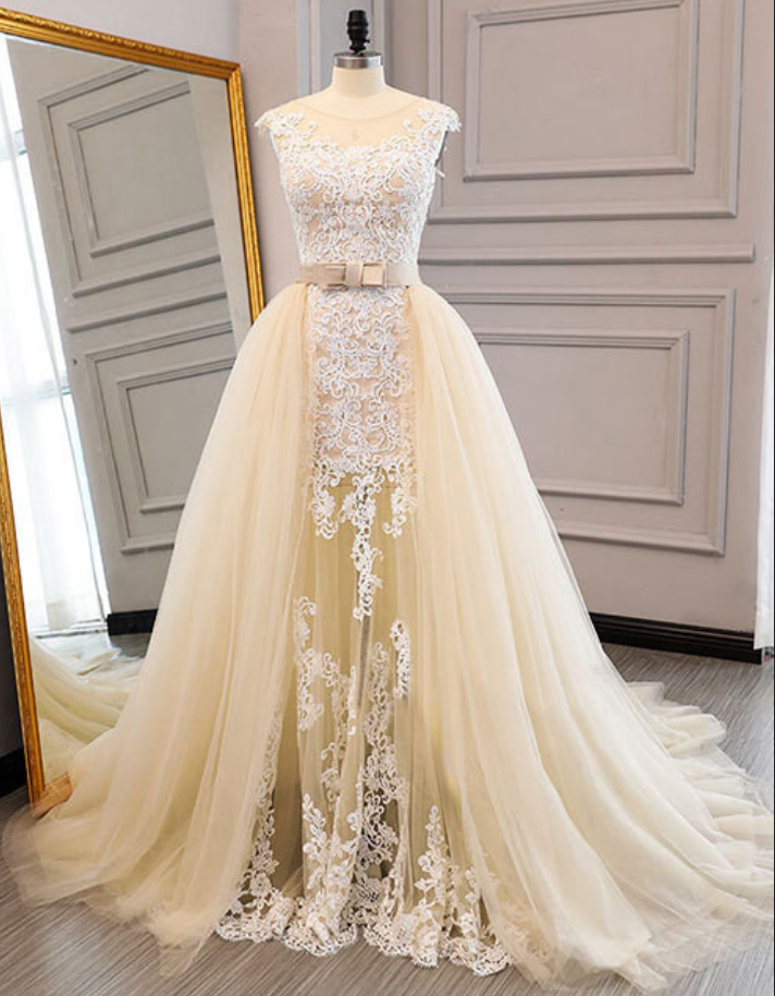Champagne Wedding Dress,with Removable Skirt Wedding Dresses,a-line Long Bridal Dresses,long Evening Dresses