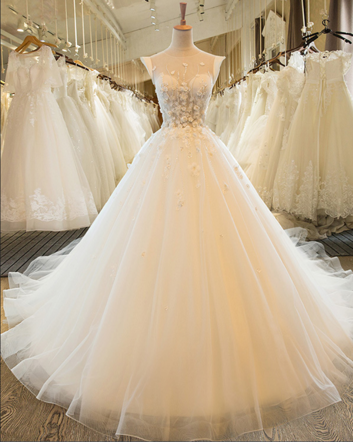 Lace Wedding Gown , A-line Bridal Dress, Applique Wedding Dresses, Beading Wedding Dress, Elegant Wedding Dress, Cap Sleeve Wedding Dress