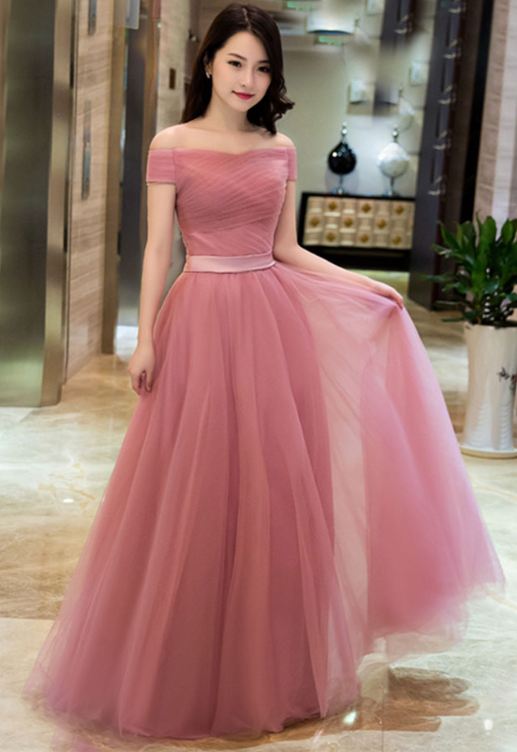 Elegant Pink A Line Off Shoulder Prom Dresses,tulle Long Prom Dress, Prom Dress,simple Prom Dresses,evening Party Dress,wedding Party