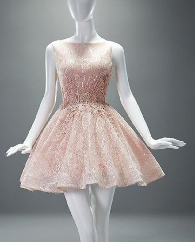 Custom Made Pink Lace Prom Dress,sexy V-back Party Dress,sleeveless Evening Dress,mini Beaded Homecoming Dress
