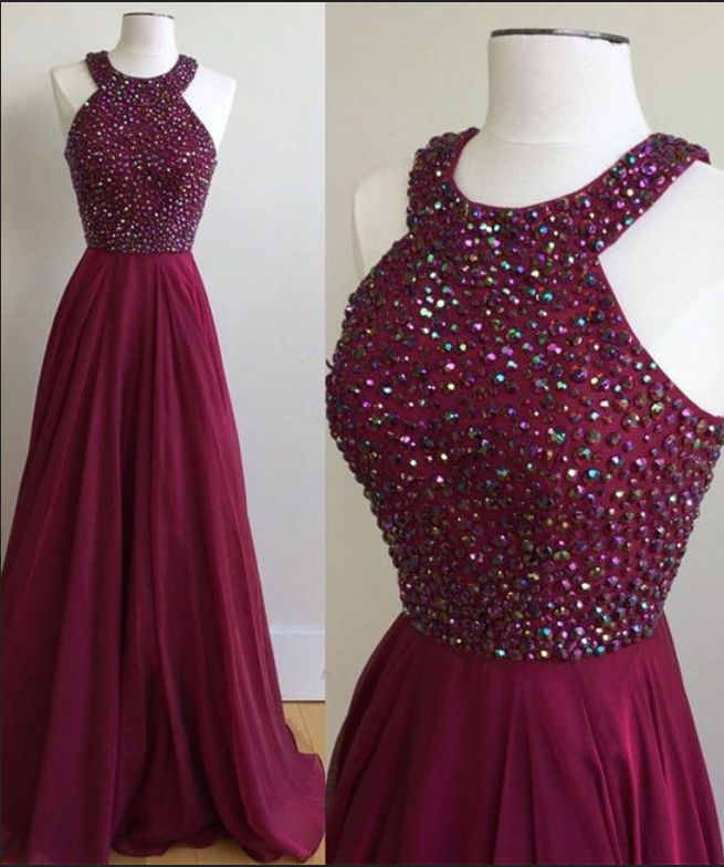 Halter Burgundy Prom Dress With Beadings LBQ1081 main image 1