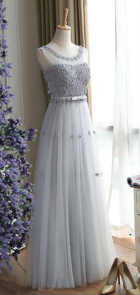 Charming Gray Floral A Line Round Neck Sleeveless Lace Tulle Long Prom Dress