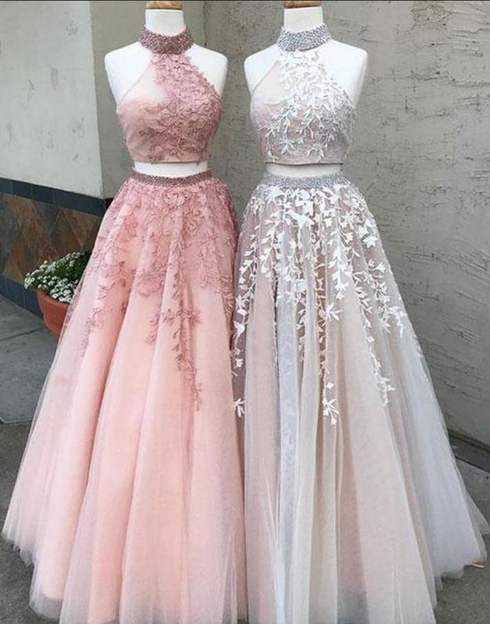 Two-piece Formal Dress Featuring Beaded Embellished High Halter Cropped Top And Long Tulle Skirt