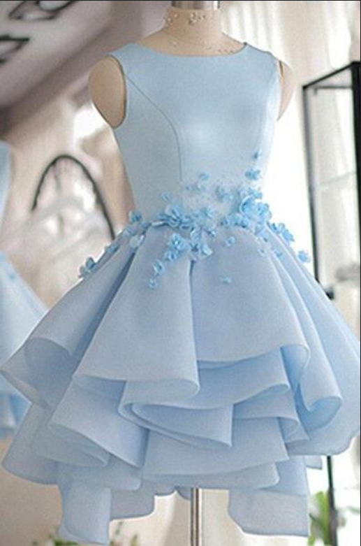 Sky Blue Homecoming Dresses, Homecoming Dress,short Prom Dress, A-line Scoop Neck Prom Dress,satin Tulle Short Flowers Original Prom