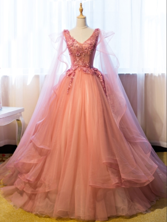 Ball Gown Formal Dresses,v-neck Appliques Formal Dress,beading Prom Dresses,floor-length Quinceanera Dress