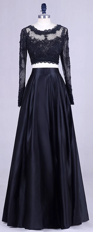 Fashion Black Long Sleeve Lace Prom Dress,Evening Dresses,Party