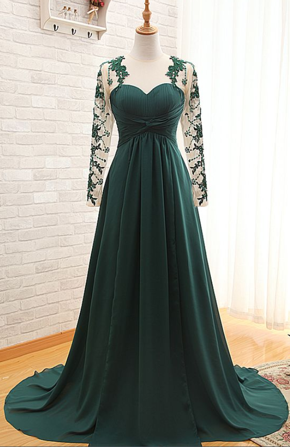 Green Sheer Long Sleeved Ruched A-line Long Prom Dress, Evening Dress